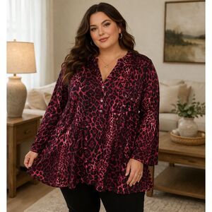 Pink Leopard Print Flowy Boho Oversized Relaxed Fit Casual Chic Tunic Size 3X